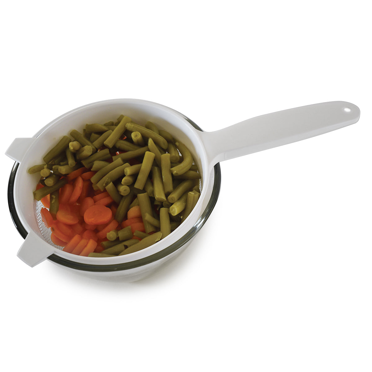 Colador Acero Inoxidable 15 cm con Mango de Plástico Blanco