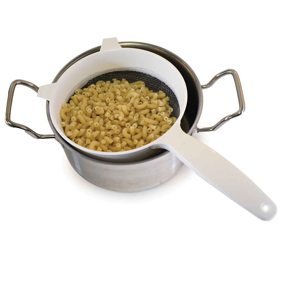 Colador Acero Inoxidable 18 cm con Mango de Plástico Blanco