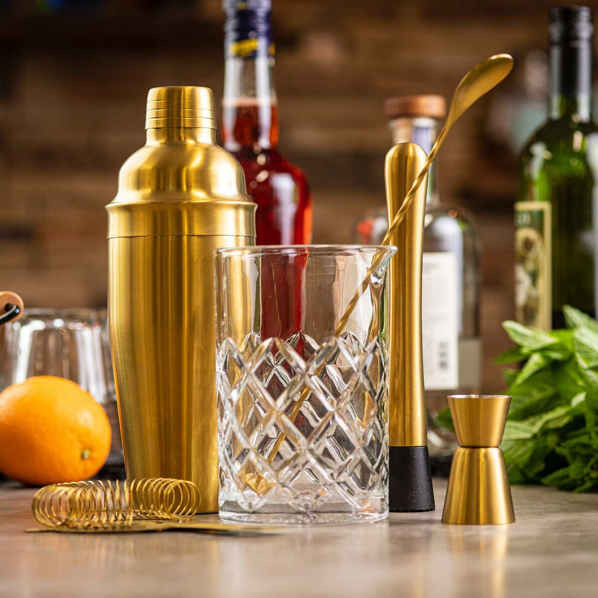 Kit de Mixología Acero Inoxidable Dorado 5 Piezas 