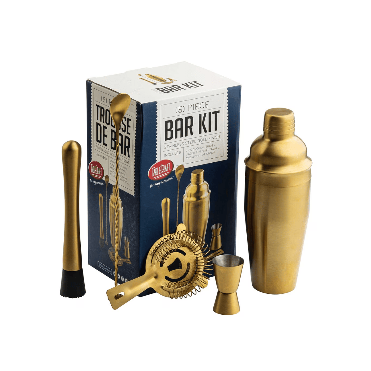 Kit de Mixología Acero Inoxidable Dorado 5 Piezas 